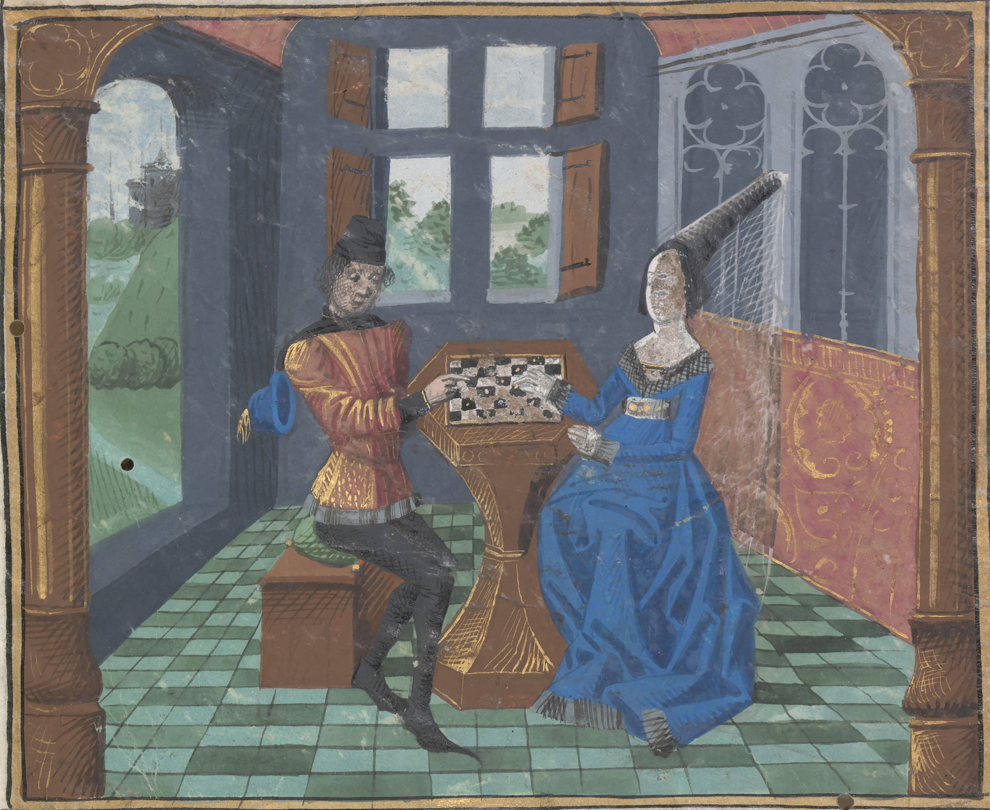 The Lady and the Suitor are sat either side of a table; they are playing chess.
