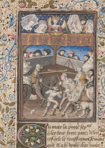 Two knights on horseback (representing the Eye and the Heart) clash in a joust.