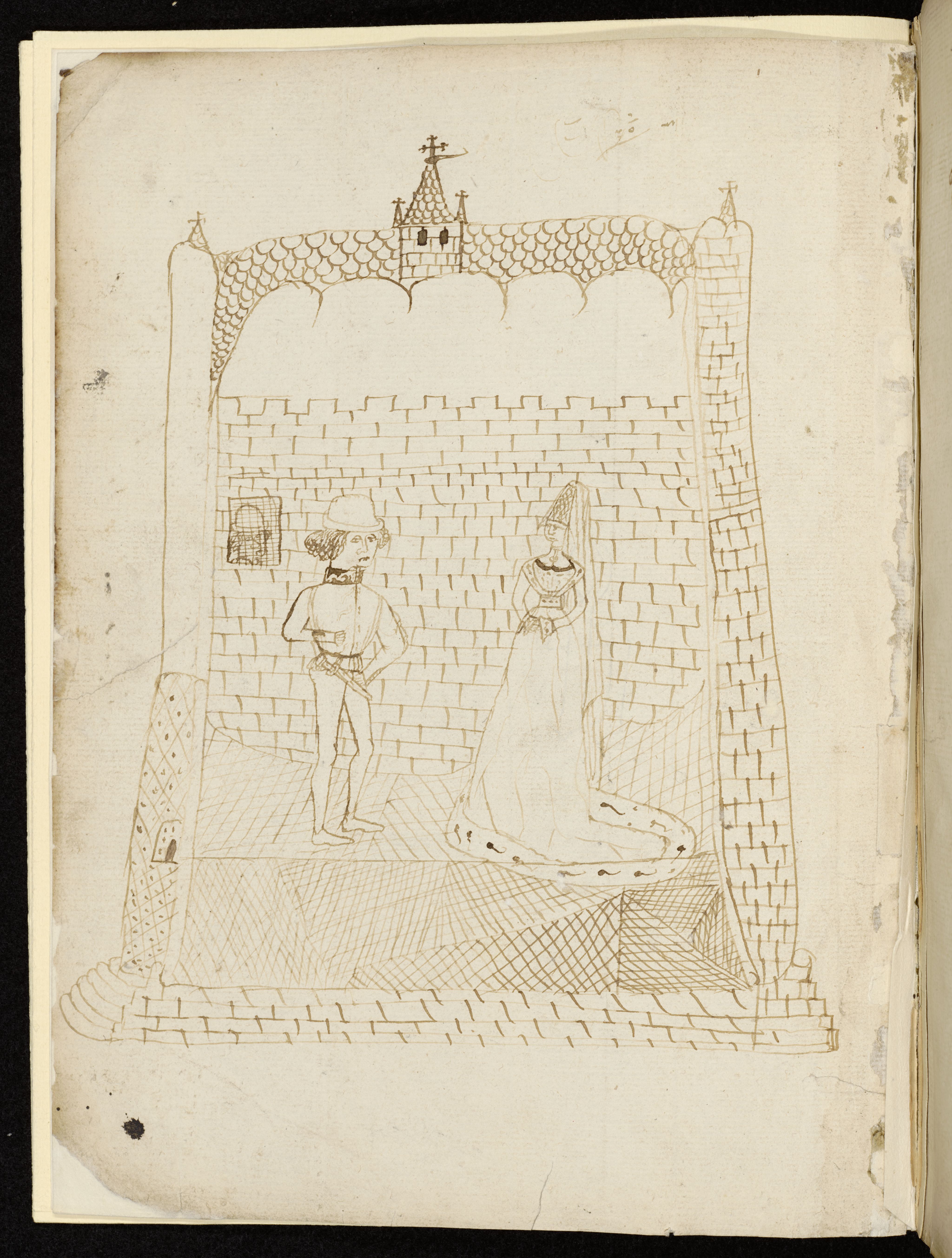 Pen & ink drawing of the Lady and Suitor stood in front of a garden. The Narrator peers through a window in the wall.