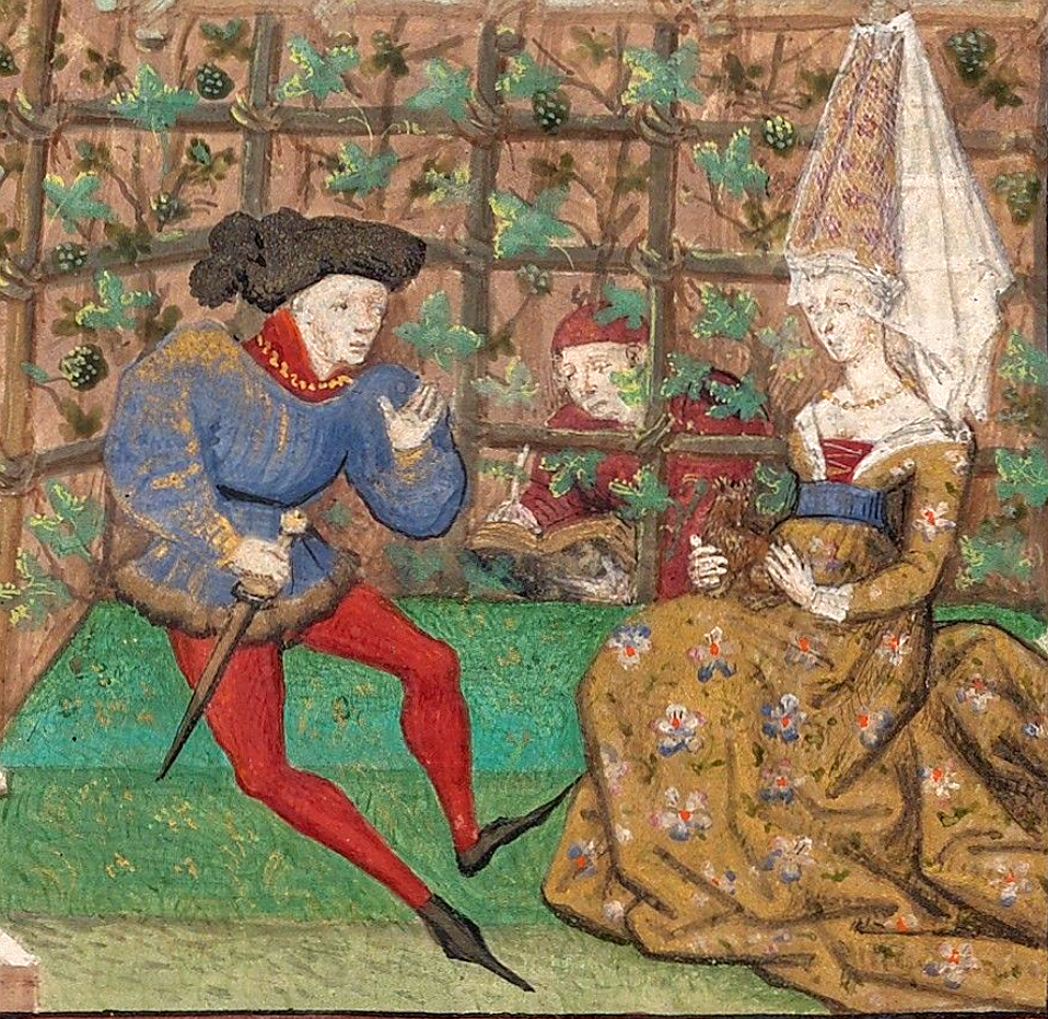 The Lady and the Suitor sit in front of a vine-clad trellis. The Narrator is visible through the foliage.